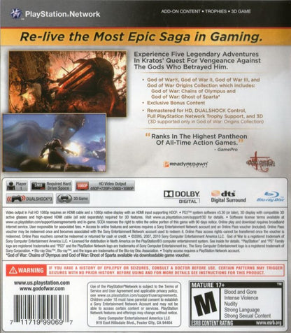God of War: Saga Collection back cover art for PlayStation 3 (PS3) video game
