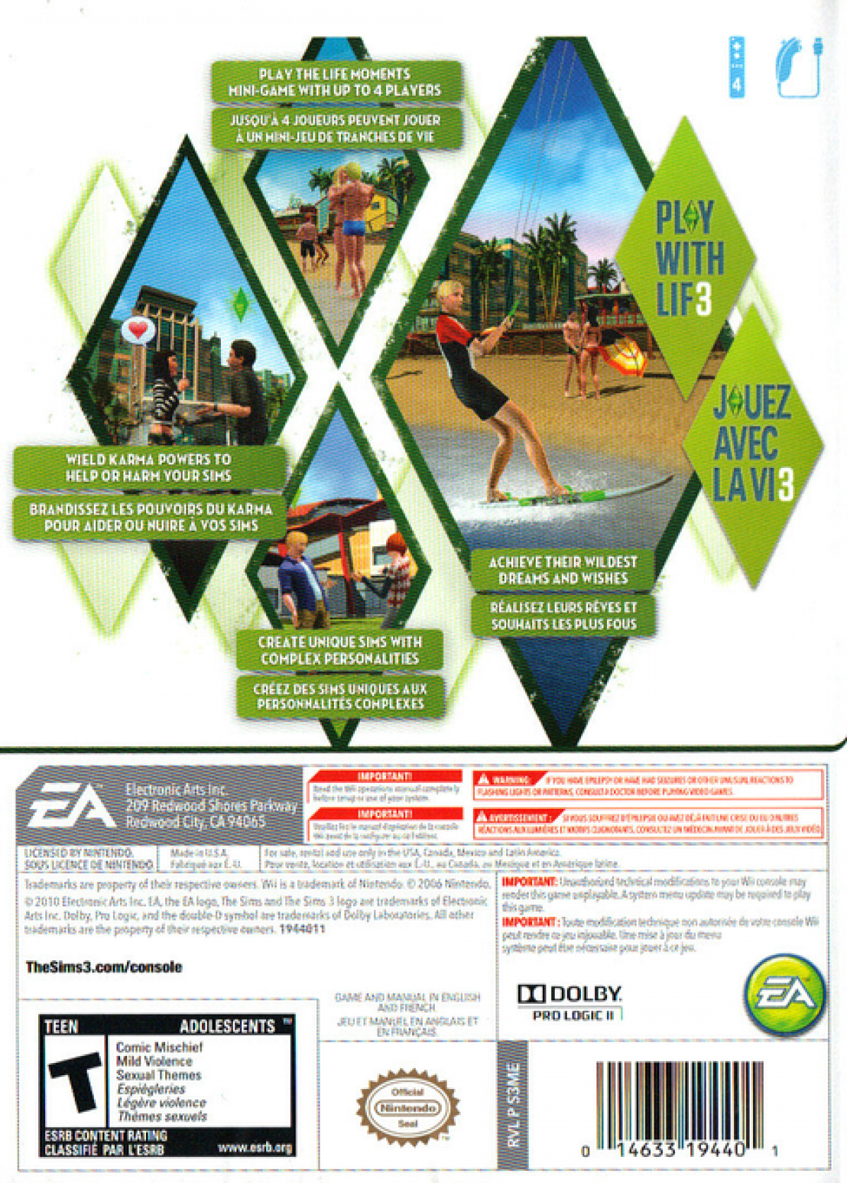 The Sims 3 Wii inspired design featuring life simulation gameplay aesthetic virtual household management character customization open neighborhood exploration creative storytelling family friendly social interactions casual gaming presentation back cover art