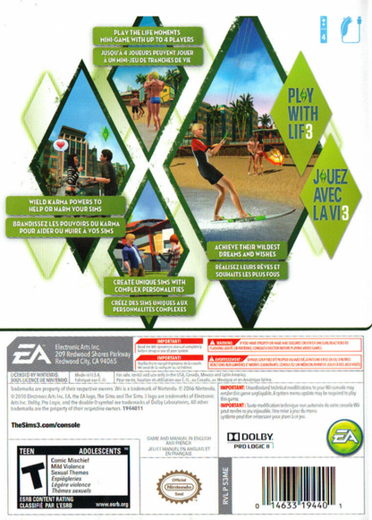 The Sims 3 Wii inspired design featuring life simulation gameplay aesthetic virtual household management character customization open neighborhood exploration creative storytelling family friendly social interactions casual gaming presentation back cover art