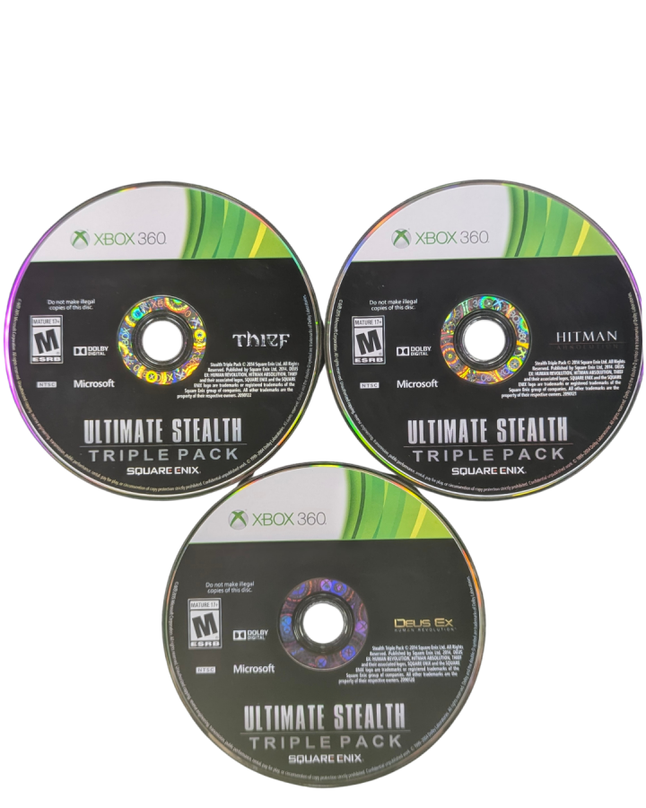 Ultimate Stealth Triple Pack Xbox 360 compilation bundle containing Thief stealth first-person action Hitman Absolution assassination sandbox and Deus Ex Human Revolution cyberpunk immersive sim RPG discs