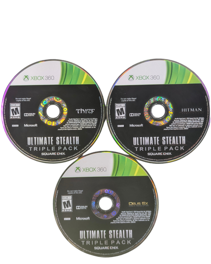 Ultimate Stealth Triple Pack Xbox 360 compilation bundle containing Thief stealth first-person action Hitman Absolution assassination sandbox and Deus Ex Human Revolution cyberpunk immersive sim RPG discs