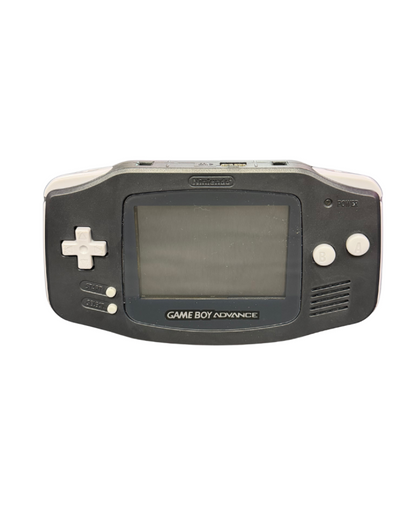 Game Boy Advance handheld system in black featuring horizontal design, color screen, rechargeable battery, and compatibility with Game Boy Advance cartridges for portable gaming