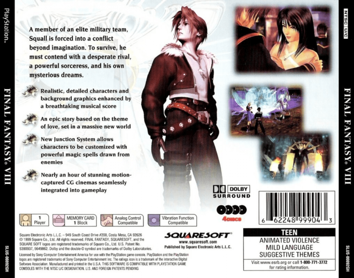 Final Fantasy VIII back of case for PlayStation 1 (PS1) retro JRPG video game