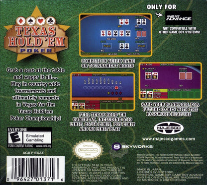 Texas Hold ’Em Poker Game Boy Advance GBA video game, card game simulation, casino-style gameplay, handheld console title back cover art