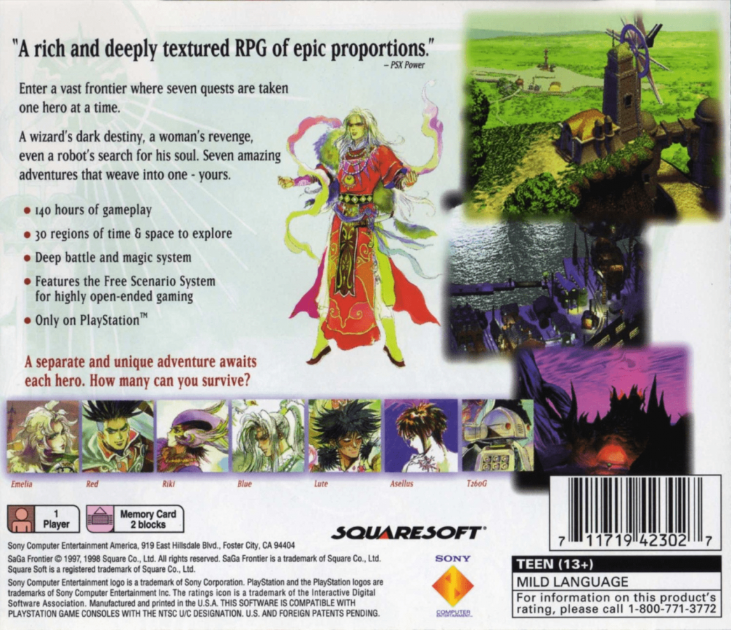 SaGa Frontier back of case for PlayStation 1 (PS1) role-playing video game
