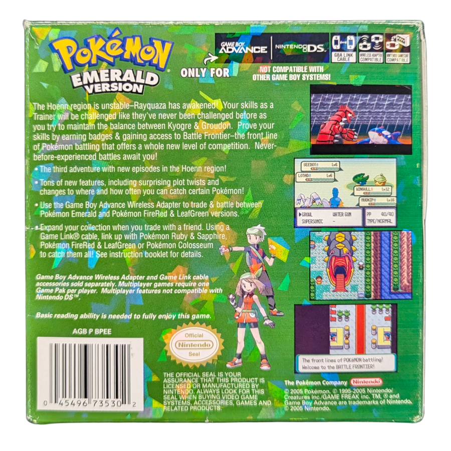 Pokemon Emerald CIB Game Boy Advance GBA RPG adventure game featuring Hoenn region exploration turn based battles Pokemon catching training legendary Rayquaza Battle Frontier complete in box collectible retro video game collection gaming appeal back box cover art