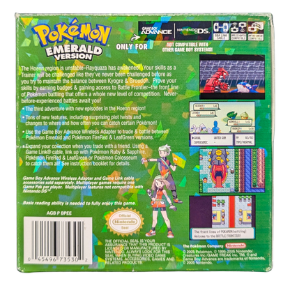 Pokemon Emerald CIB Game Boy Advance GBA RPG adventure game featuring Hoenn region exploration turn based battles Pokemon catching training legendary Rayquaza Battle Frontier complete in box collectible retro video game collection gaming appeal back box cover art
