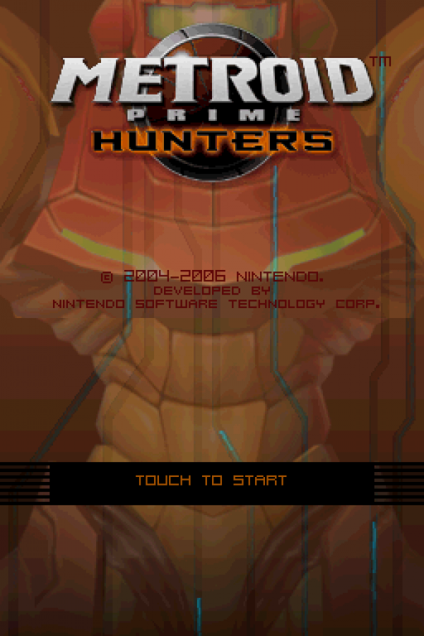 Metroid Prime: Hunters start screen for Nintendo DS (DS) first-person shooter sci-fi action video game