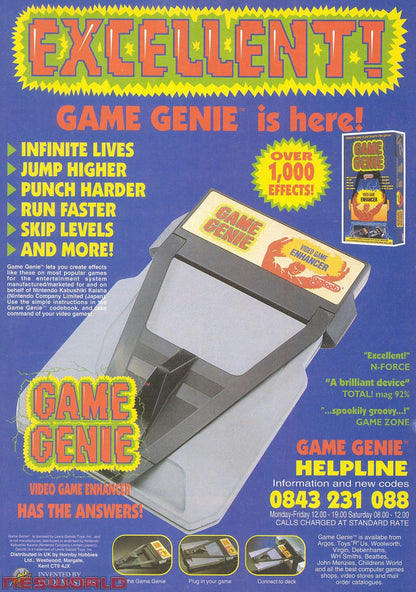 Game Genie for Nintendo Entertainment System (NES) at Gamers INC, featuring the legendary cheat-code breakthrough that unlocked a new dimension of gaming by allowing players to enter alphanumeric codes to bypass difficult levels, gain infinite lives, or discover hidden game features; this essential accessory includes the classic gold cartridge design and provides the ultimate power-up for your entire NES library, from Super Mario Bros. to The Legend of Zelda promotional poster