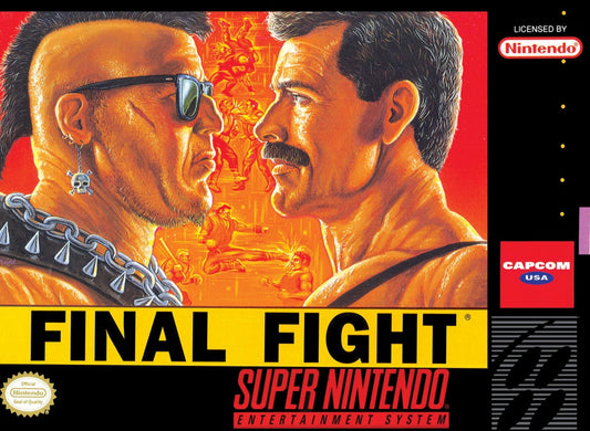 Final Fight Super Nintendo Entertainment System SNES side-scrolling beat em up arcade brawler video game featuring Mike Haggar Cody and Guy against the Mad Gear Gang with multiple stages and two-player cooperative action front box cover