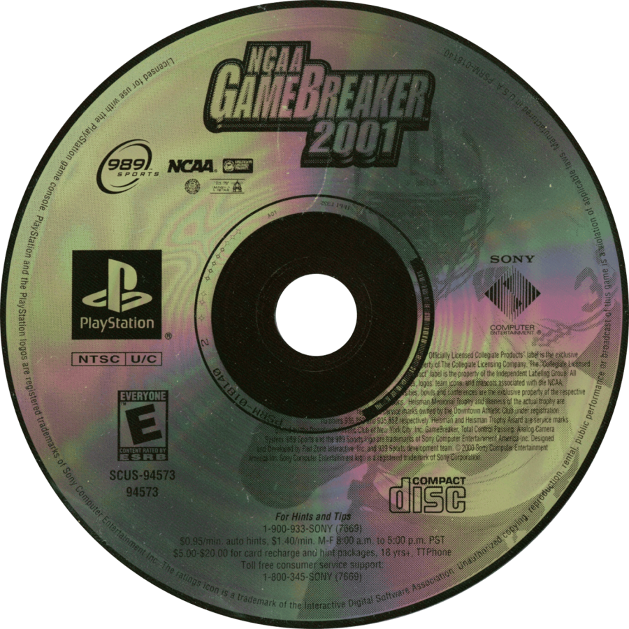 NCAA GameBreaker 2001 game for the PlayStation featuring college football gameplay with licensed teams season modes play calling mechanics and fast paced arcade style presentation with multiplayer competition disc