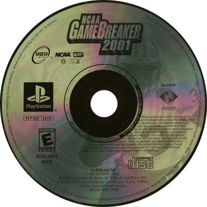 NCAA GameBreaker 2001 game for the PlayStation featuring college football gameplay with licensed teams season modes play calling mechanics and fast paced arcade style presentation with multiplayer competition disc