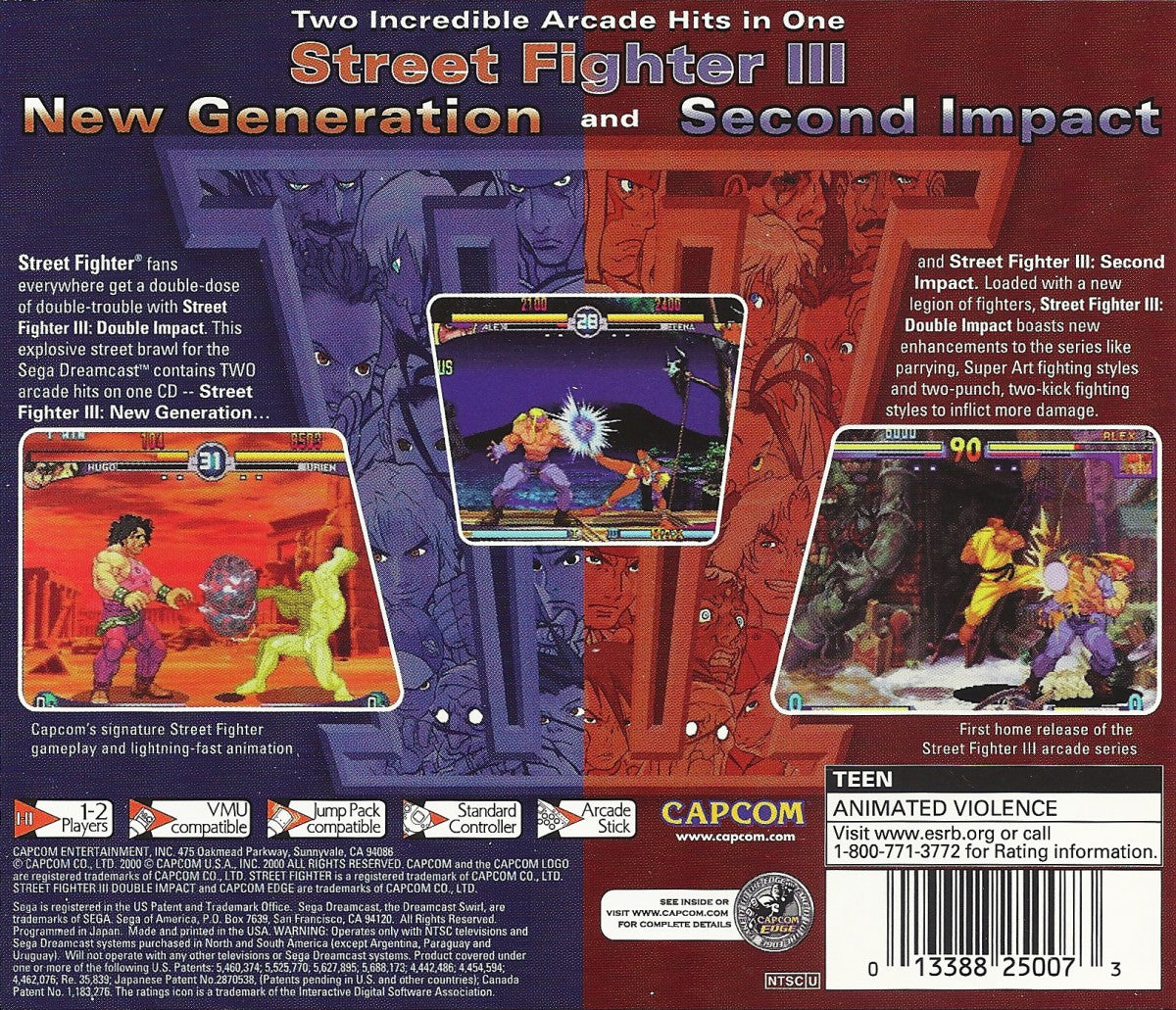Street Fighter III Double Impact game for the Sega Dreamcast featuring 2D fighting gameplay with refined combat mechanics multiple character roster options arcade style matches and enhanced versions of Street Fighter III and 2nd Impact with parry based combat and competitive versus modes back cover art