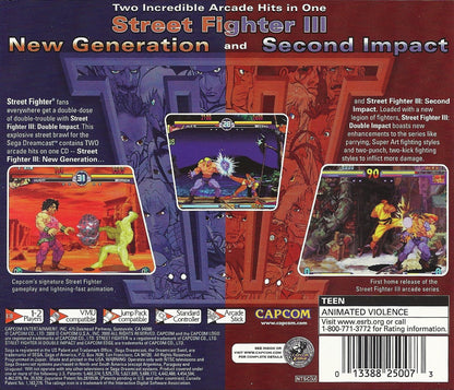 Street Fighter III Double Impact game for the Sega Dreamcast featuring 2D fighting gameplay with refined combat mechanics multiple character roster options arcade style matches and enhanced versions of Street Fighter III and 2nd Impact with parry based combat and competitive versus modes back cover art