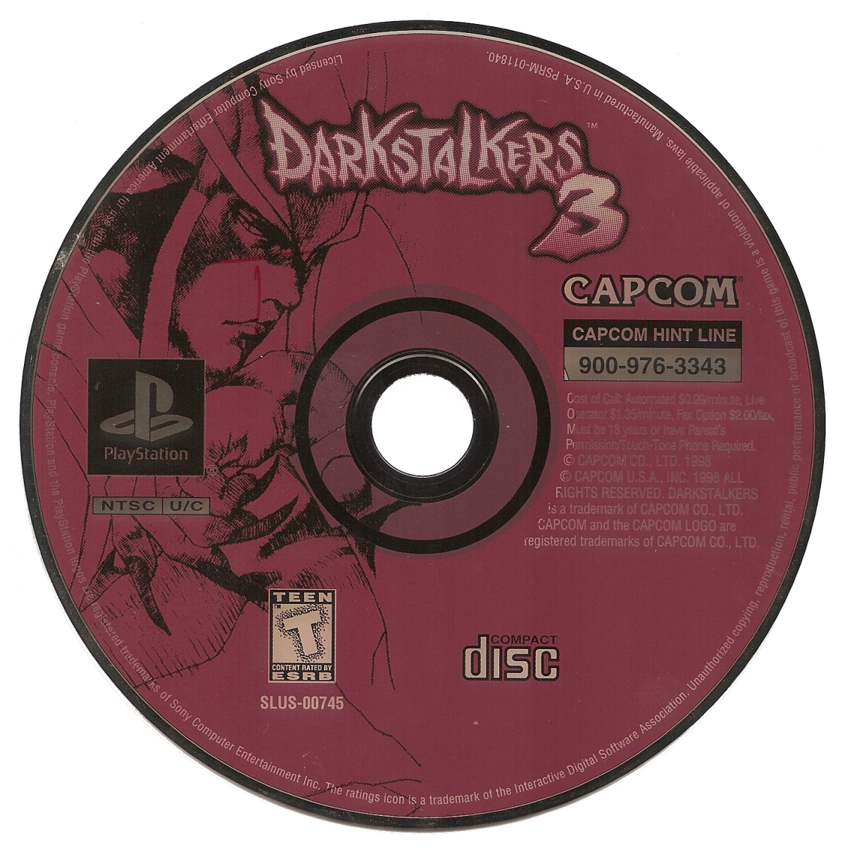 Disc cover art for Darkstalkers 3 PlayStation 1 game featuring fast-paced 2D fighting gameplay with iconic Capcom characters