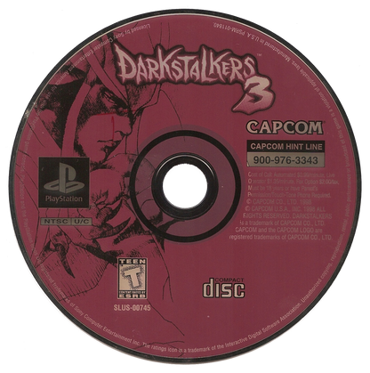 Disc cover art for Darkstalkers 3 PlayStation 1 game featuring fast-paced 2D fighting gameplay with iconic Capcom characters