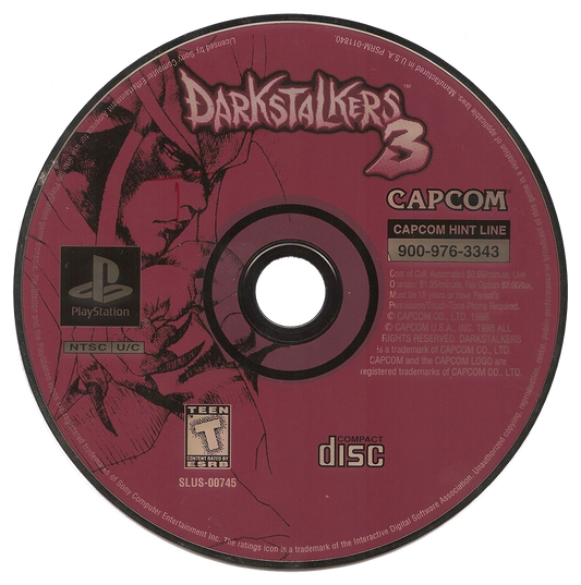 Disc cover art for Darkstalkers 3 PlayStation 1 game featuring fast-paced 2D fighting gameplay with iconic Capcom characters