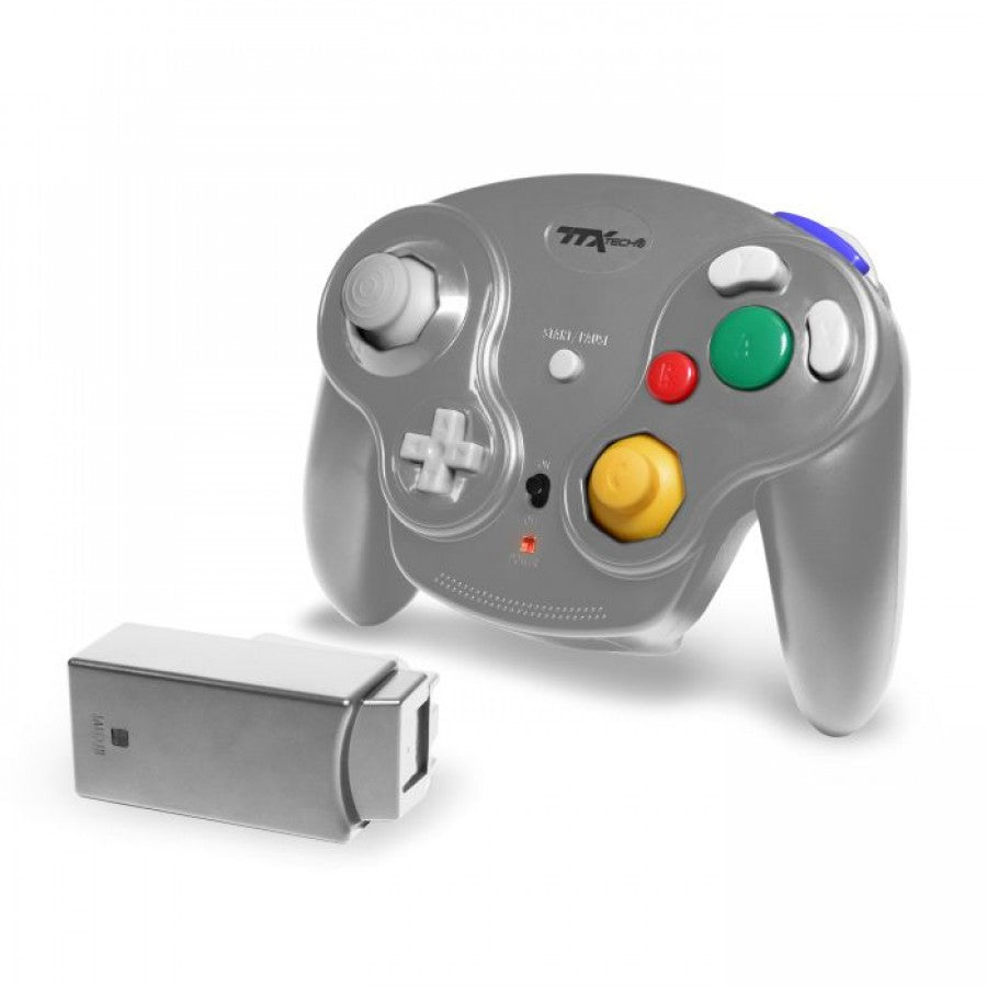 Wavedash 2.4GHz Controller for GameCube GC Silver Nintendo GameCube accessory featuring wireless 2.4GHz connectivity ergonomic controller design analog sticks responsive buttons shoulder triggers silver finish and compatibility with supported Nintendo GameCube games replacement gaming controller collectible accessory appeal