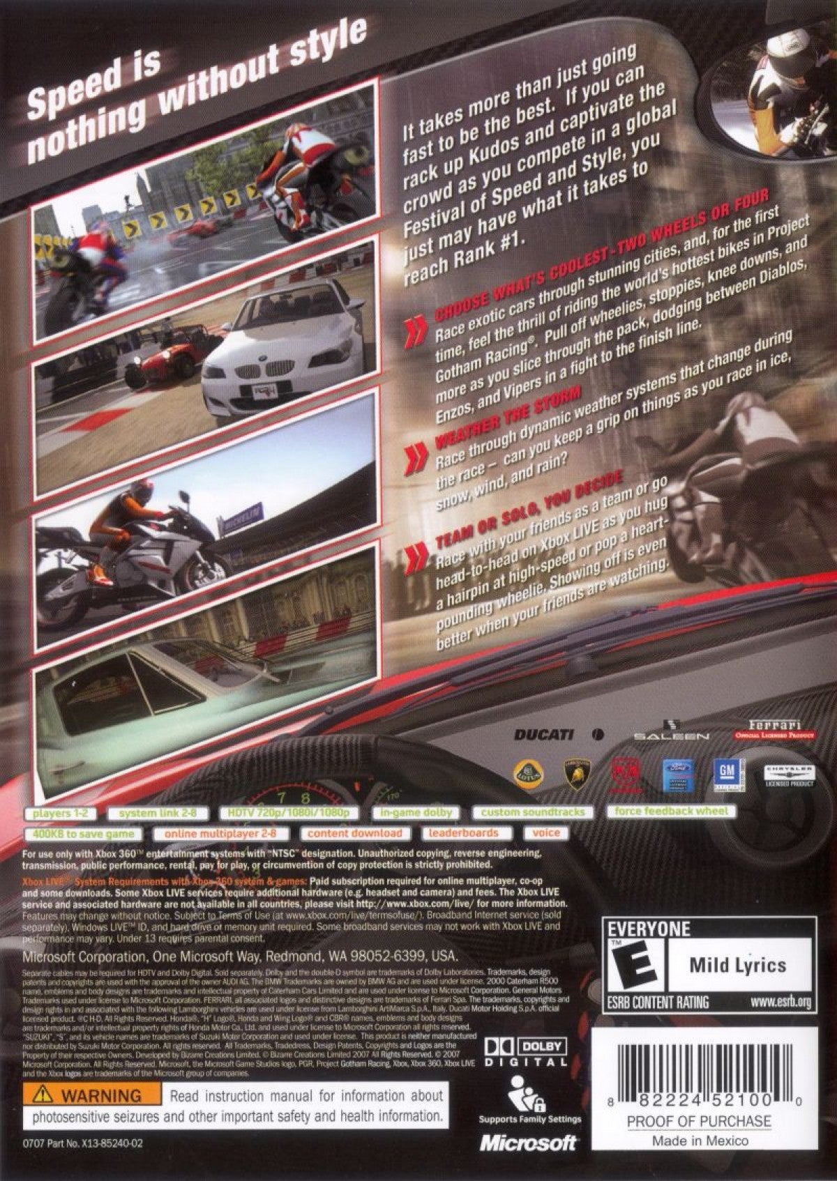Project Gotham Racing 4 (PGR4) for Xbox 360 with stylish racing and motorcycle features back cover