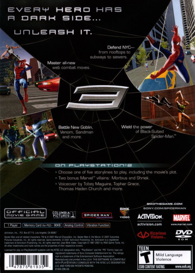 Spider-Man 3 – PlayStation 2 (PS2) video game back of case, action-adventure superhero game.