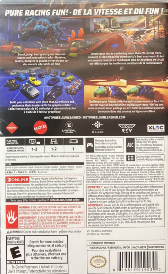 Hot Wheels Unleashed Nintendo Switch inspired design featuring high speed arcade racing aesthetic miniature die cast vehicles gravity defying tracks thrilling stunts competitive multiplayer action vibrant environments and fast paced racing gameplay presentation back cover