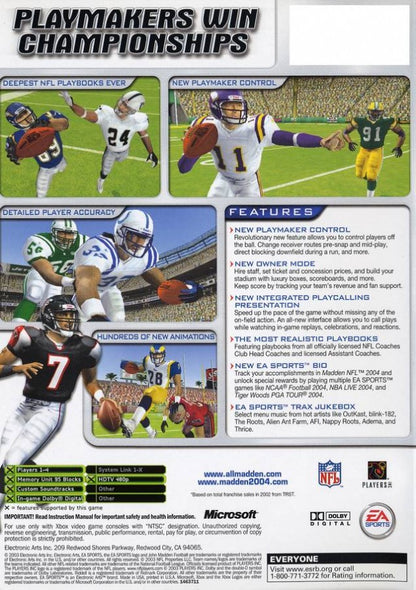 Madden NFL 2004 back cover art for Xbox (XBOX) video game