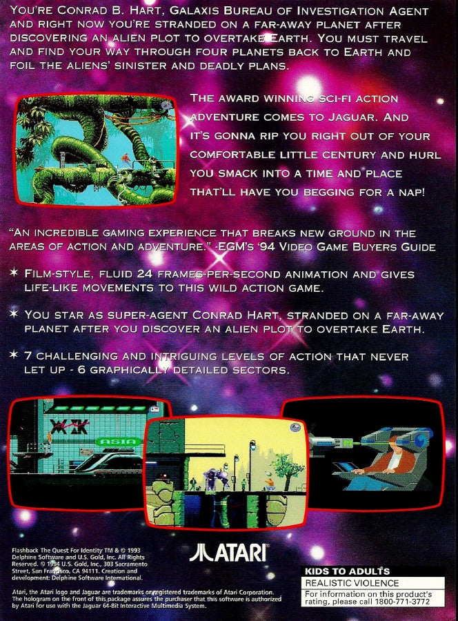 Flashback Atari Jaguar JAG for cinematic action adventure video game fans featuring Conrad B Hart futuristic science fiction environments platforming exploration shooting combat puzzle solving dangerous traps challenging levels and classic Atari Jaguar gameplay collectible retro gaming appeal back cover art