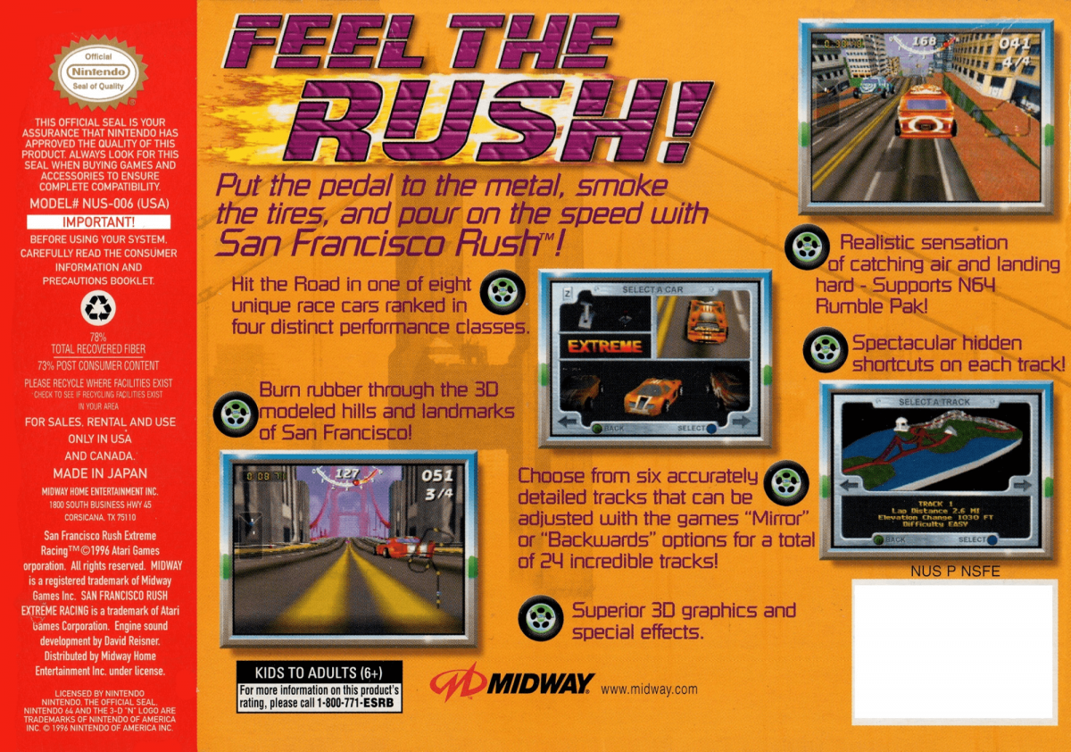 San Francisco Rush Extreme Racing back cover art for Nintendo 64 (N64) video game