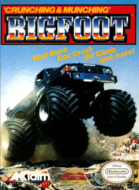 Bigfoot Nintendo Entertainment System NES for retro video game enthusiasts featuring monster truck racing gameplay off road competitions vehicle upgrades challenging tracks arcade style driving action classic 8 bit sports entertainment and collectible gaming appeal front cover