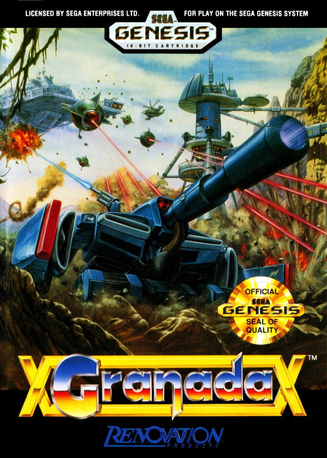 Granada Sega Genesis GEN video game featuring top down action shooter gameplay futuristic tank combat enemy battles weapon upgrades strategic movement challenging missions desert environments and classic 16 bit Sega gameplay retro video game collection collectible gaming appeal front cover art