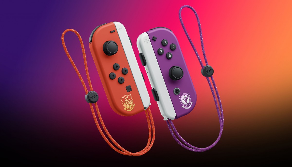 Nintendo Switch OLED Console Pokemon Scarlet and Violet Edition handheld hybrid gaming system with themed dock Joy Con controllers vibrant OLED screen limited edition Pokémon Scarlet and Violet design console set joycons