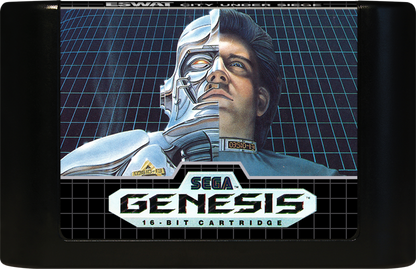 ESWAT City Under Siege Sega Genesis GEN for retro video game enthusiasts featuring side scrolling action platforming gameplay futuristic law enforcement missions cybernetic armor upgrades intense shooting combat sci fi adventure and collectible gaming appeal cartridge