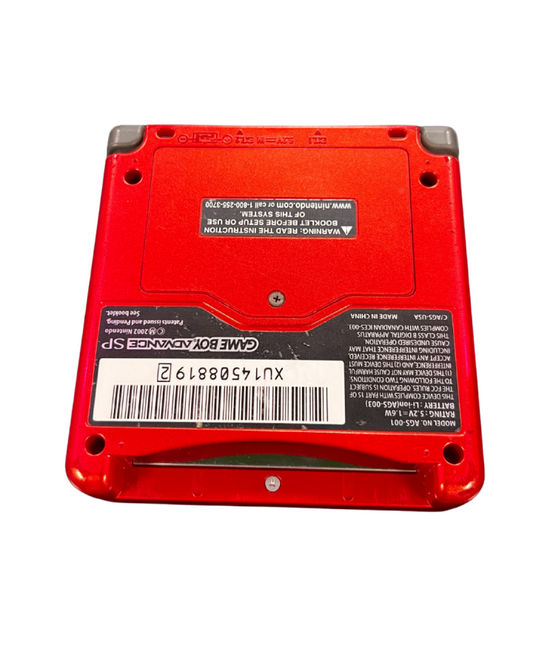 Back view of the official Game Boy Advance SP Groudon Edition console showing its red metallic casing, hinges, and engraved labels.