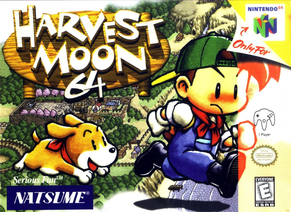 Harvest Moon 64 for Nintendo 64 farming simulation RPG featuring crop growing livestock raising marriage system seasonal events village life gameplay cover