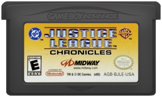 Justice League Chronicles Game Boy Advance GBA for retro video game enthusiasts featuring superhero action gameplay iconic DC heroes cooperative combat missions side scrolling adventure mechanics comic book inspired challenges fast paced handheld gaming action and collectible gaming appeal cartridge