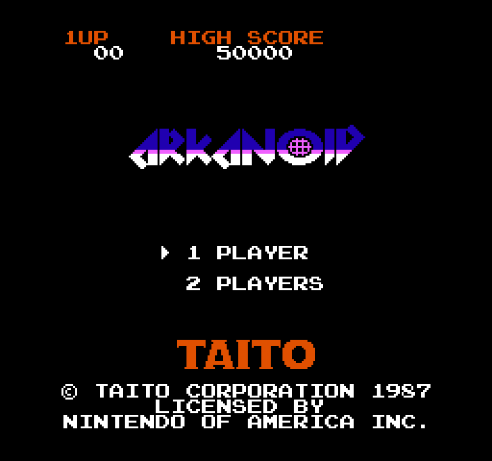 Arkanoid cartridge for the Nintendo Entertainment System featuring 8 bit block breaking arcade action with paddle gameplay power ups and challenging levels gameplay 