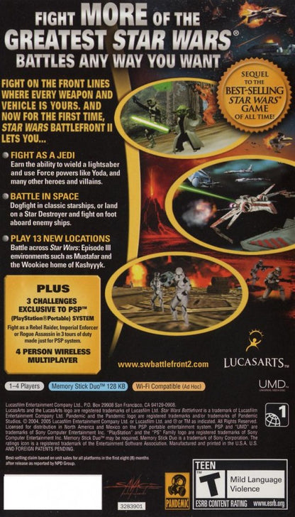 Star Wars Battlefront II PlayStation Portable PSP for retro video game enthusiasts featuring third person shooter gameplay iconic Star Wars battles playable heroes and villains campaign missions space battles multiplayer action classic Star Wars gaming and collectible gaming appeal back cover art