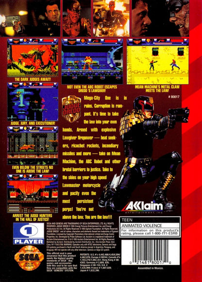 Judge Dredd back cover art for Sega Genesis (GEN) video game