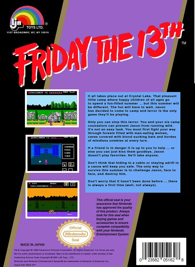 Friday the 13th cartridge for the Nintendo Entertainment System featuring 8 bit survival horror action with camp counselors battling Jason across Camp Crystal Lake with exploration and item based gameplay back cover