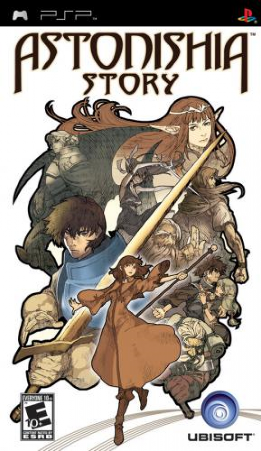 PSP Game cover of 'Astonishia Story' with characters and animals on a dark background