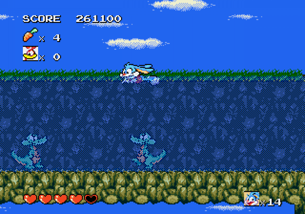 Tiny Toon Adventures Busters Hidden Treasure retro Sega Genesis video game featuring side scrolling platform gameplay, cartoon character action, obstacle challenges and classic Genesis entertainment - gameplay