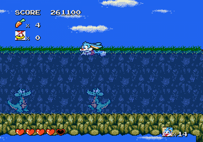 Tiny Toon Adventures Busters Hidden Treasure retro Sega Genesis video game featuring side scrolling platform gameplay, cartoon character action, obstacle challenges and classic Genesis entertainment - gameplay