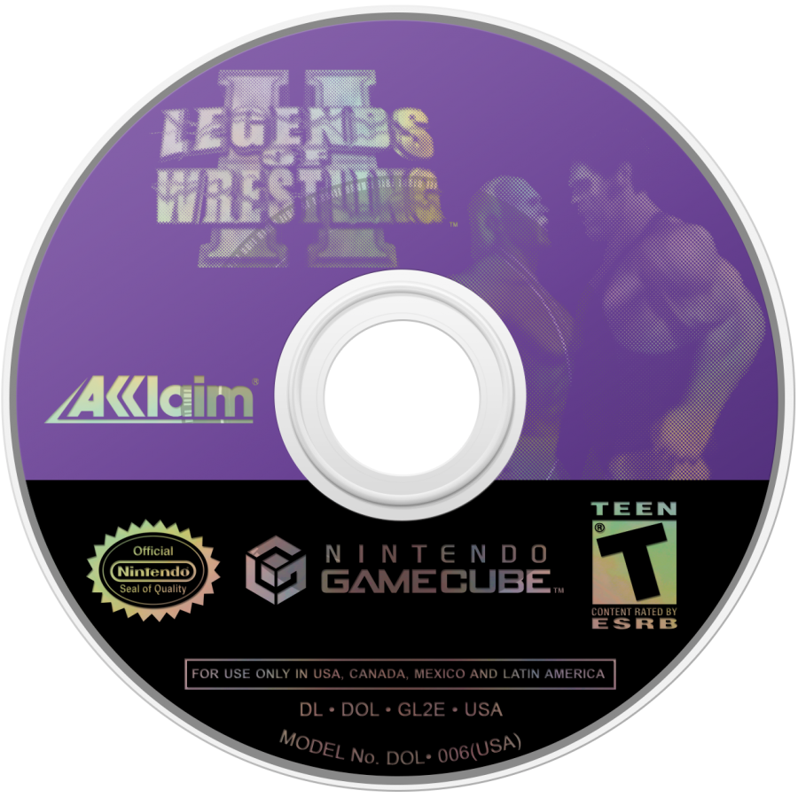 Disc art for Legends of Wrestling II GameCube GC video game, professional wrestling, fighting simulation, multiplayer, sports entertainment, classic Nintendo GameCube title