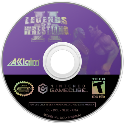 Disc art for Legends of Wrestling II GameCube GC video game, professional wrestling, fighting simulation, multiplayer, sports entertainment, classic Nintendo GameCube title