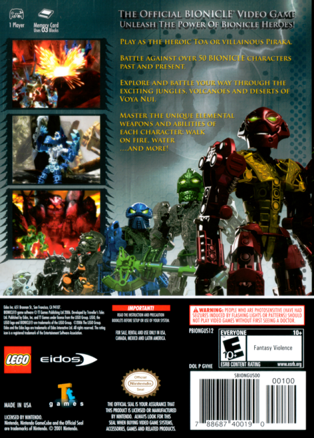 Back cover for Bionicle Heroes GameCube game featuring action shooter gameplay and LEGO Bionicle character combat 