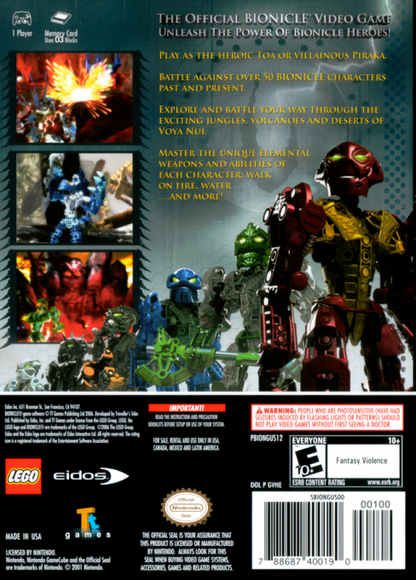 Back cover for Bionicle Heroes GameCube game featuring action shooter gameplay and LEGO Bionicle character combat 