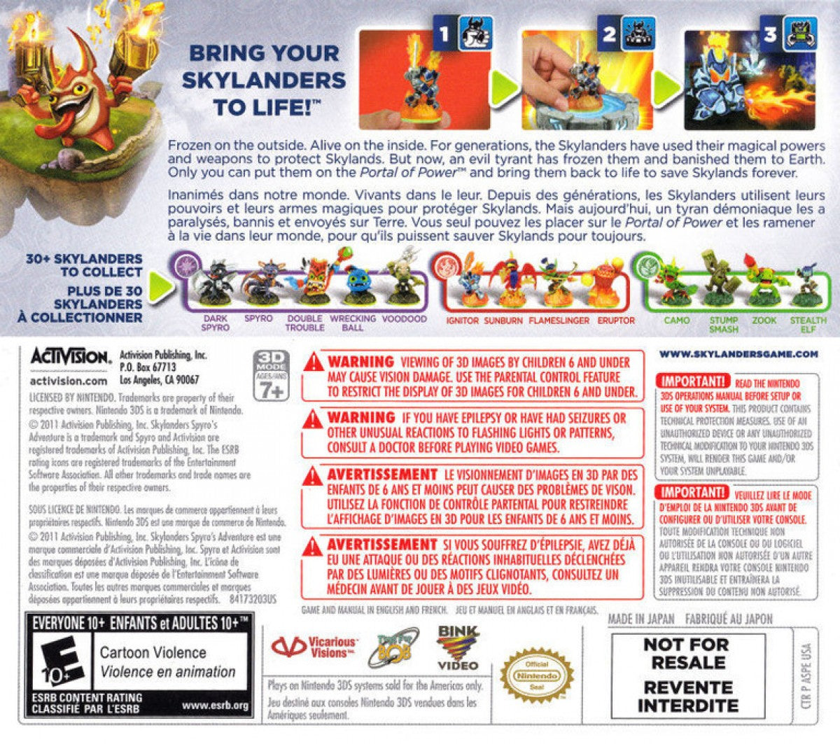 Skylanders: Spyro's Adventure back of case for Nintendo 3DS (3DS) action adventure video game