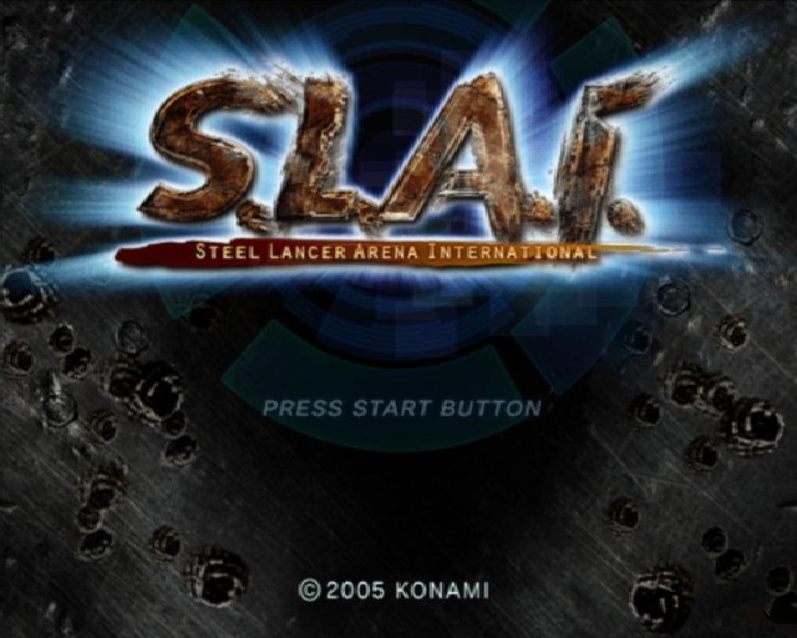 SLAI Steel Lancer Arena International PS2 Sony PlayStation 2 vehicular combat action game customizable combat vehicles arena battles futuristic racing and shooting missions Konami multiplayer combat retro gaming PlayStation 2 software video game title start screen