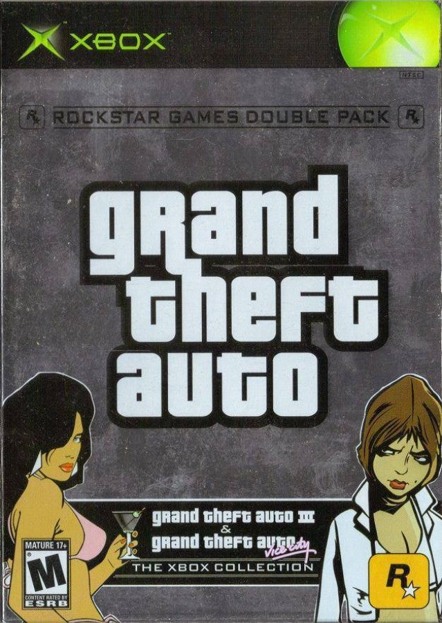Grand Theft Auto Rockstar Games Double Pack Xbox for retro video game enthusiasts featuring open world action gameplay crime driven storylines expansive city exploration vehicle based missions sandbox freedom elements multiple classic Grand Theft Auto adventures and collectible gaming appeal front cover 