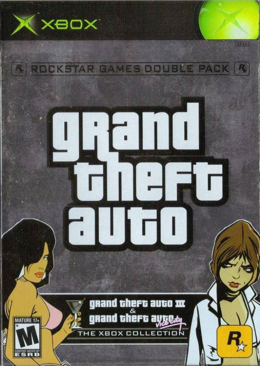 Grand Theft Auto Rockstar Games Double Pack Xbox for retro video game enthusiasts featuring open world action gameplay crime driven storylines expansive city exploration vehicle based missions sandbox freedom elements multiple classic Grand Theft Auto adventures and collectible gaming appeal front cover 